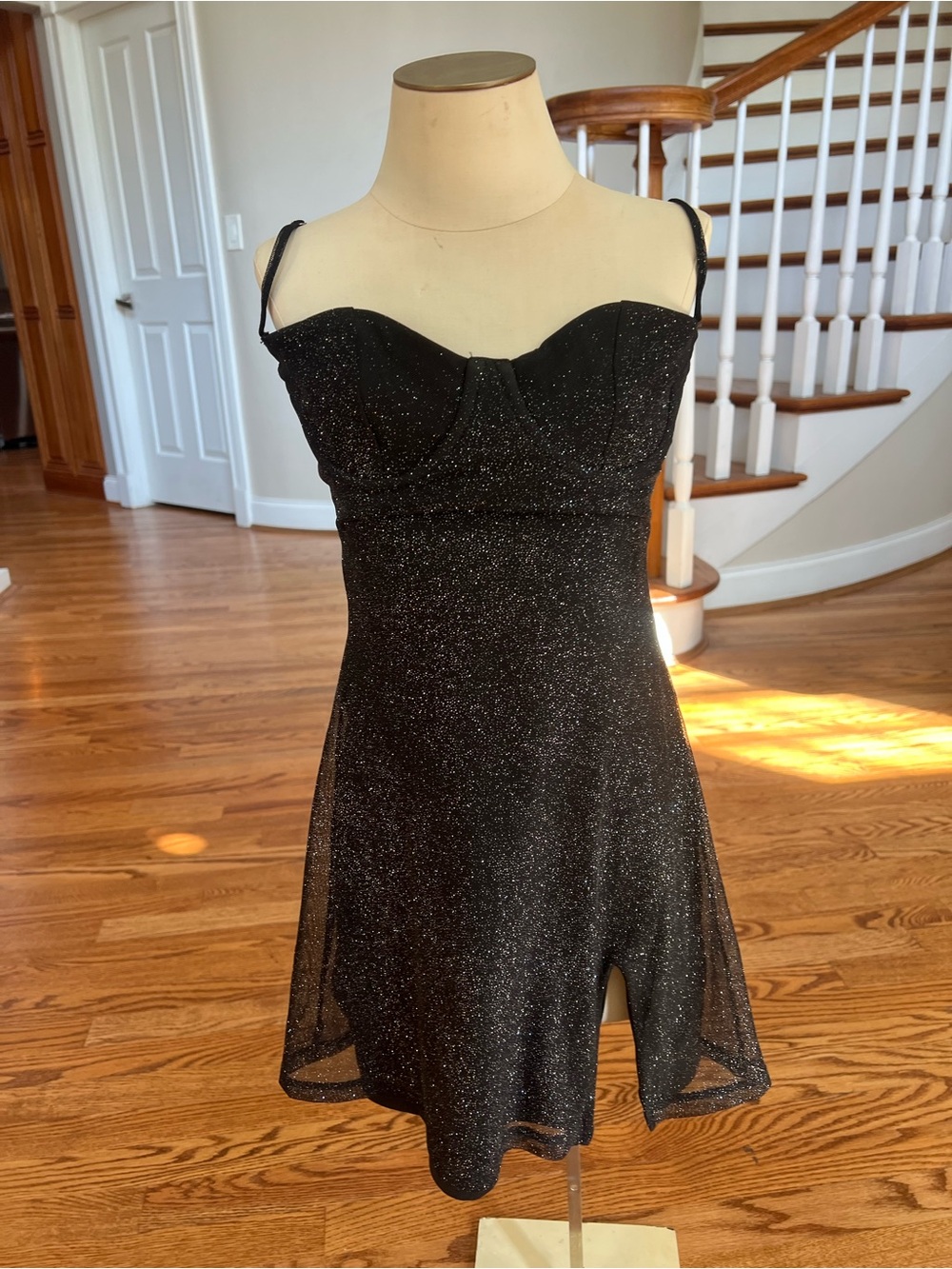 Women’s Black Sparkle Spaghetti-Strap Mini Dress - Picture 3 of 7